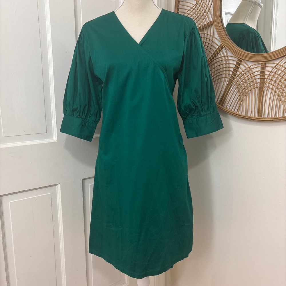 S'edge‎ Poplin Wrap Dress L Emerald Green Puff Sleeve Career Chic Classic
